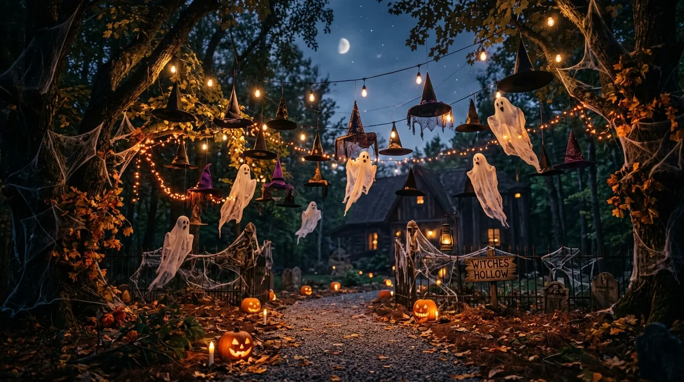 Use pumpkins and lanterns to soften harder spooky pieces inspiration for an outdoor Halloween yard.